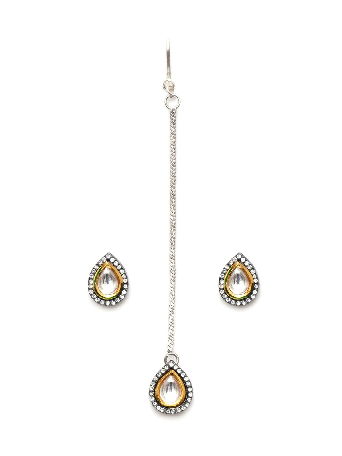 Dual Tone Kundan Maang Tikka with Earrings Jewellery Set (silver) - Ruby Raang | Grocsy