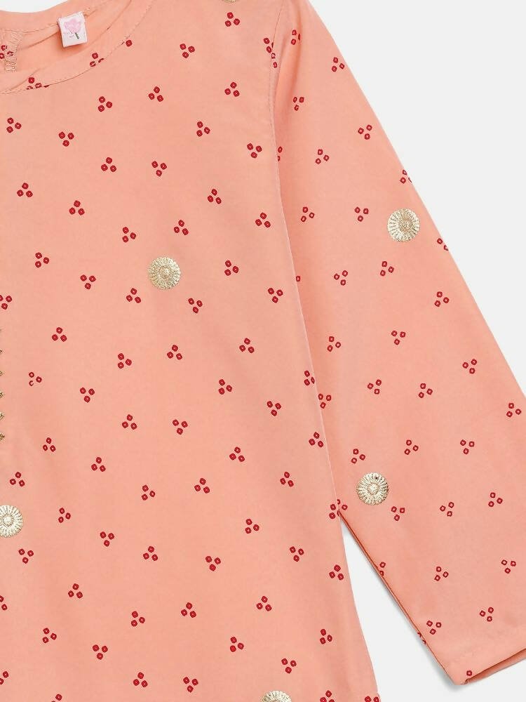 Ahalyaa Peach Crepe Gold Printed Kids Kurta Sets With Dupatta For Girls | Grocsy