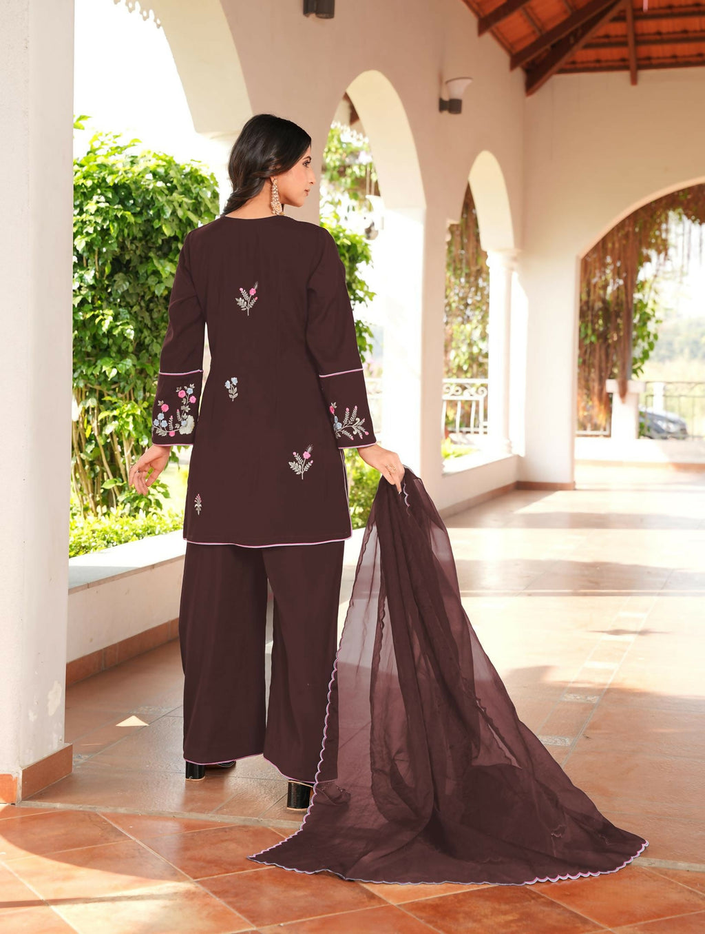 Nikhaar Brown Embroidered Art Silk Stitched Straight Cut Kurta Culottes Dupatta Readymade Suit | Grocsy