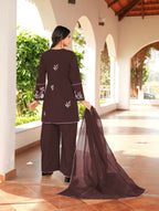 Nikhaar Brown Embroidered Art Silk Stitched Straight Cut Kurta Culottes Dupatta Readymade Suit | Grocsy