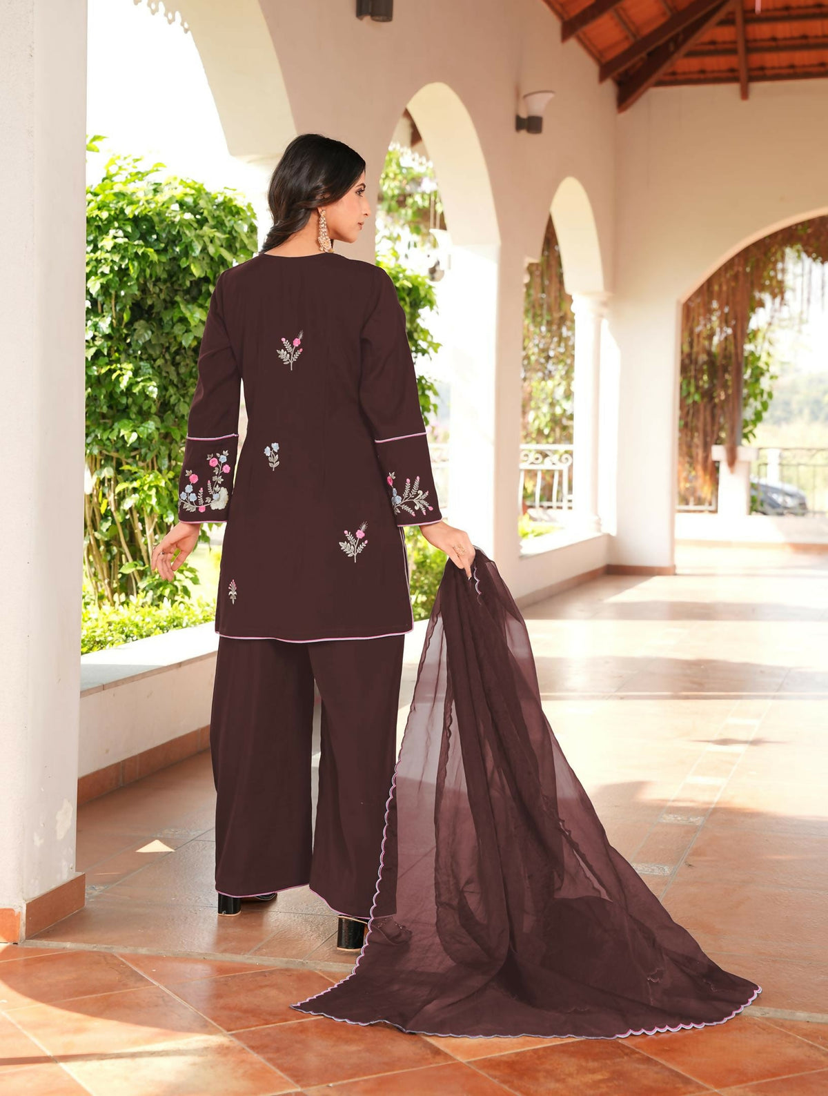 Nikhaar Brown Embroidered Art Silk Stitched Straight Cut Kurta Culottes Dupatta Readymade Suit | Grocsy