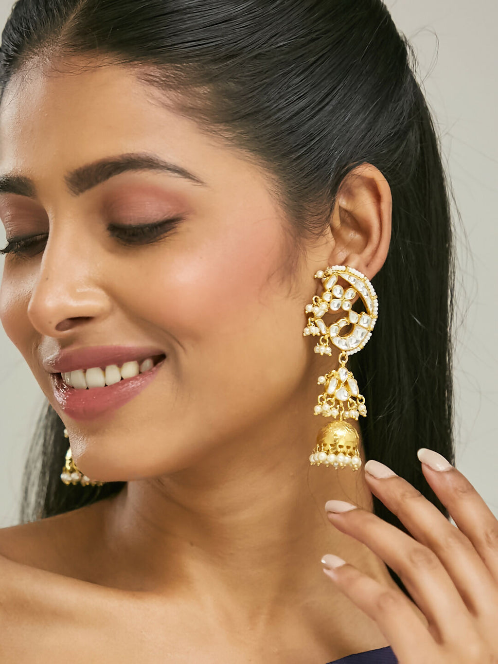 Nuyug 22K Gold-Plated Elegant Kundan Stone Studded & Pearl Drops Mini Jhumki Dangler Earrings | Grocsy