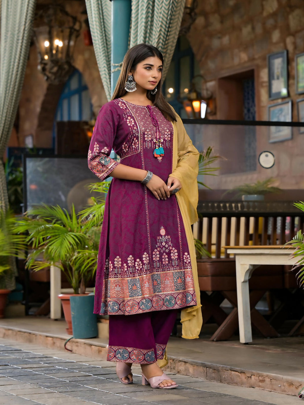 Juniper Women's Plum Floral Printed Liva Rayon Kurta Pant And Dupatta Set With Thread Work Gota Patti & Beads | Grocsy