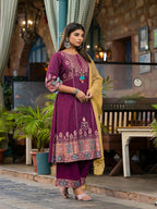 Juniper Women's Plum Floral Printed Liva Rayon Kurta Pant And Dupatta Set With Thread Work Gota Patti & Beads | Grocsy