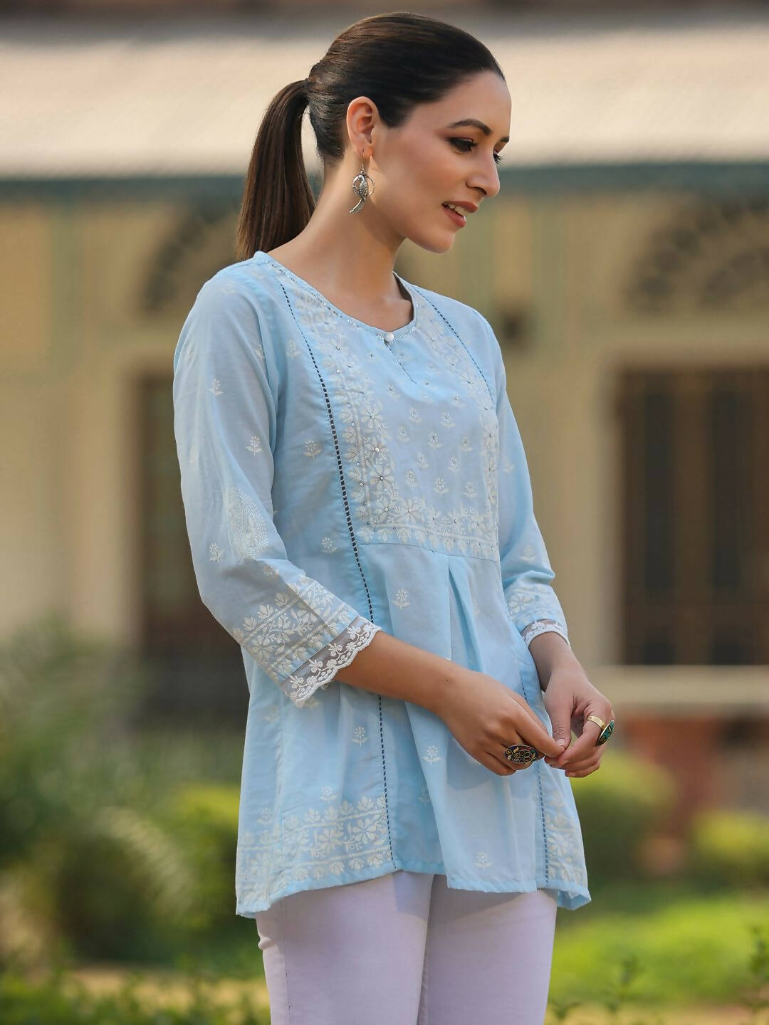 Juniper Women's Powderblue Cambric Floral Printed Tunic | Grocsy