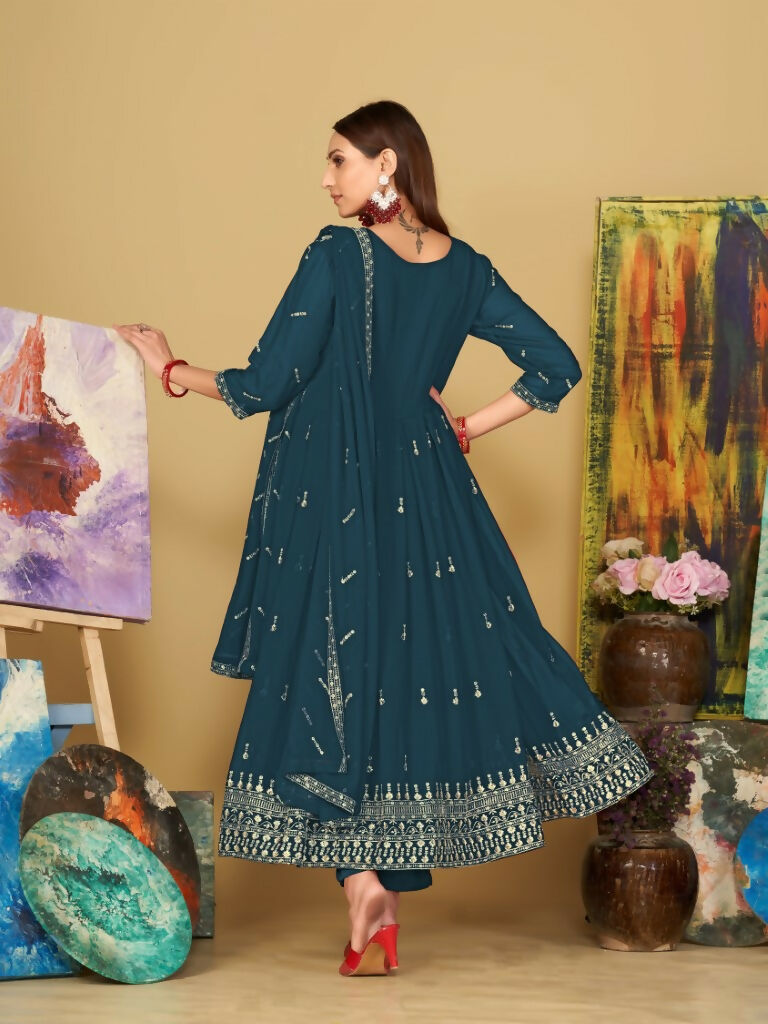 Jyoti Fashion Women's Rama Georgette Embroidered Anarkali Kurta Pant Set With Dupatta | Grocsy