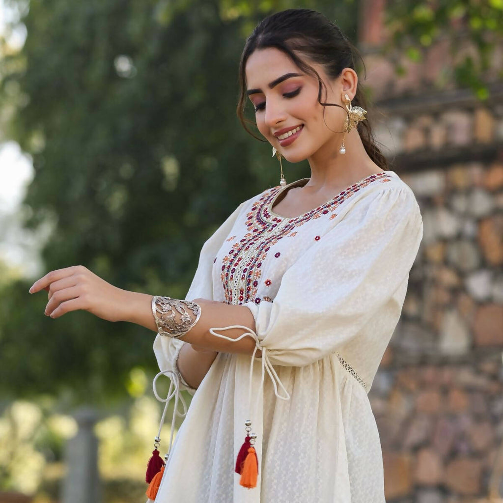 Juniper Women's Offwhite Cotton Solid With Embroidered Straight Tunic | Grocsy