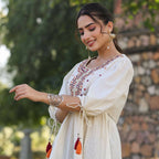 Juniper Women's Offwhite Cotton Solid With Embroidered Straight Tunic | Grocsy