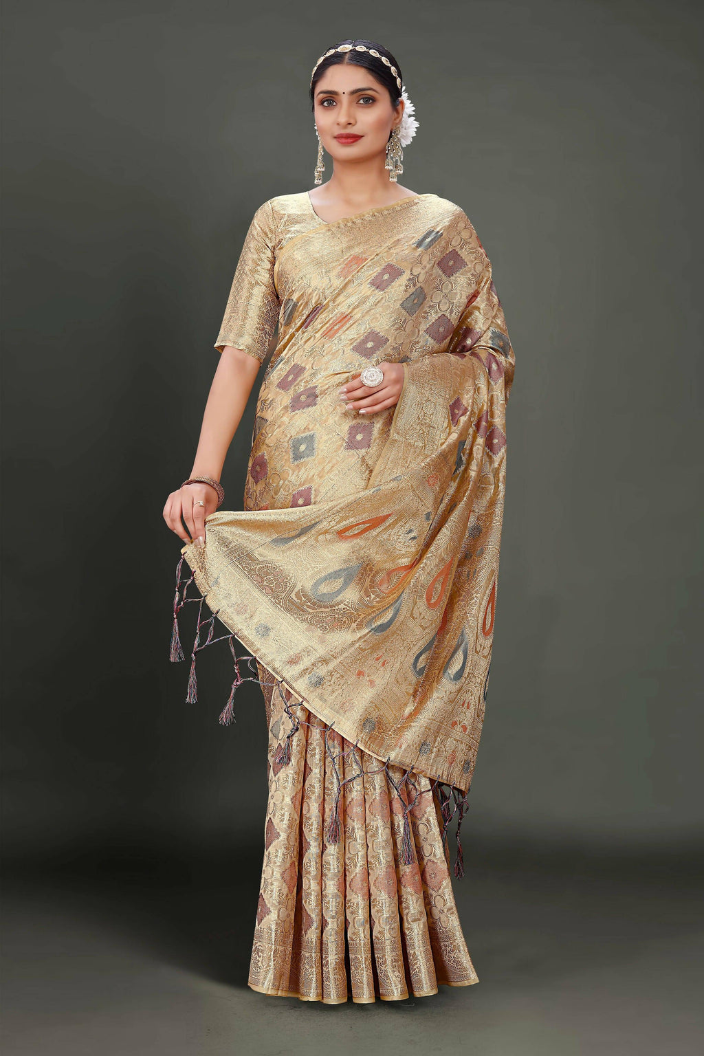 Beige Soft Organza Woven Design Saree With Unstitched Blouse Piece - Zaara | Grocsy