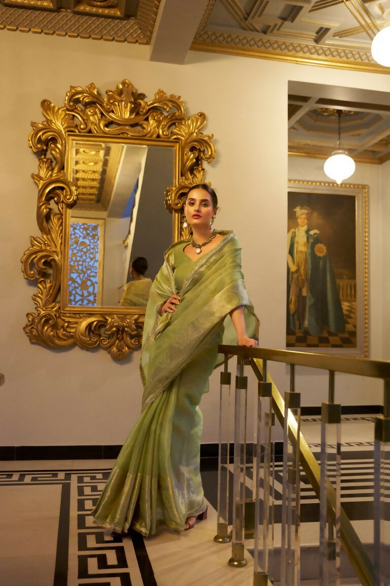 Vastranavya Pista Tissue Shimmer Zari Weaving Work Saree with Unstitched Blouse | Grocsy