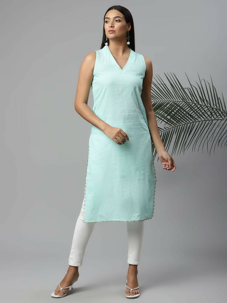 Ahalyaa Womens Summer Blue Pure Cotton Printed Kurtas | Grocsy
