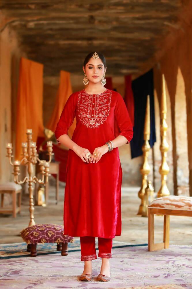 Juniper Women Fuchsia Velvet Embroidered Straight Kurta Sets | Grocsy