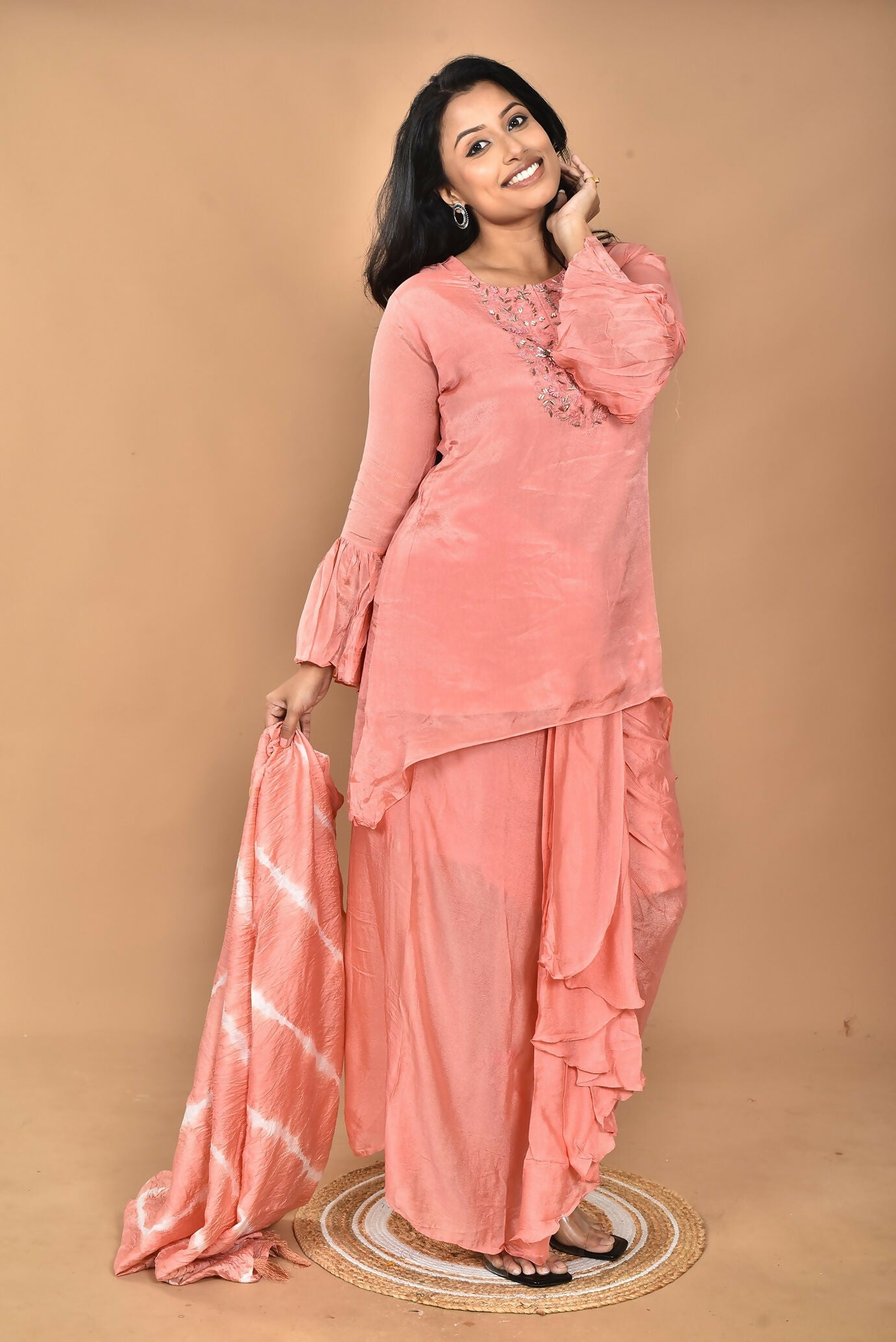 Morchari Women And Hand Embroidery Palazzo Set-Peach | Grocsy