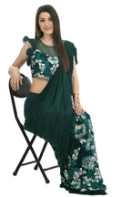 Mominos Fashion All Season Wear Bottle Green & White Thread Embroidered Ruffled Ready To Wear Saree | Grocsy