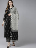 Yufta Women Black Ikat Printed Pure Cotton Kurta with Palazzo and Dupatta | Grocsy