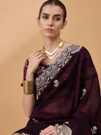 Purple Silk Embroidered Saree with Unstitched Blouse Piece - Satya | Grocsy