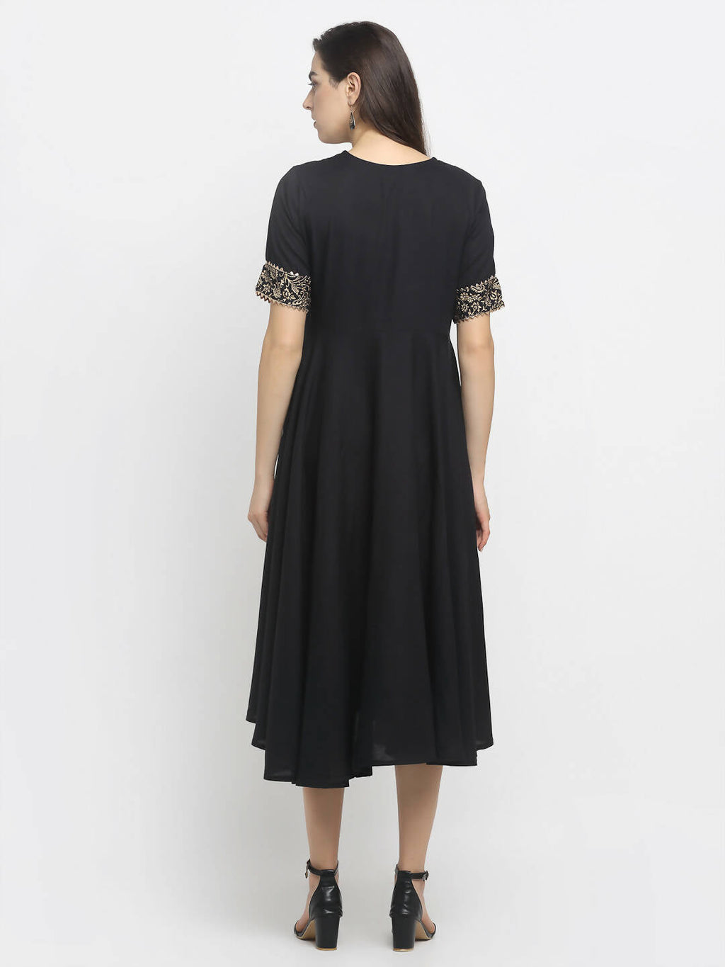 Rudra Bazaar Black Block Printed Flared Ethnic Kurta | Grocsy