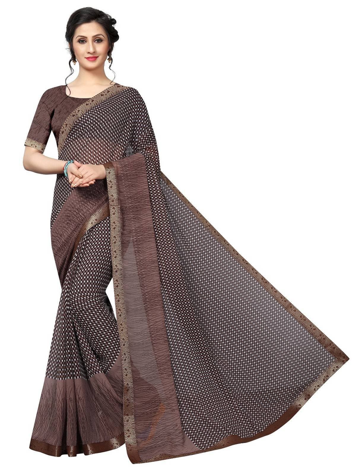 Vamika Brown Georgette Border Saree | Grocsy