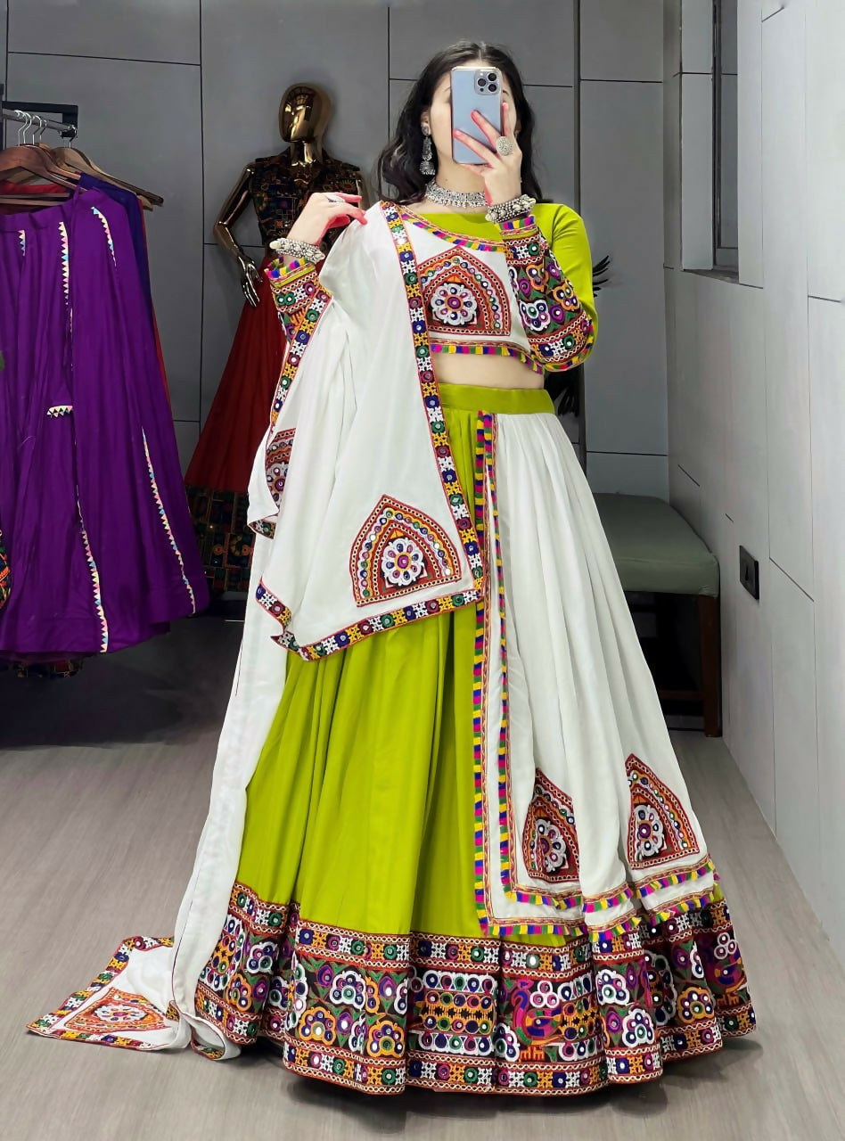Yash Enterprise Green White Rayon Cotton Embroidery Semi Stitched Navratri Top Chaniya Choli | Grocsy
