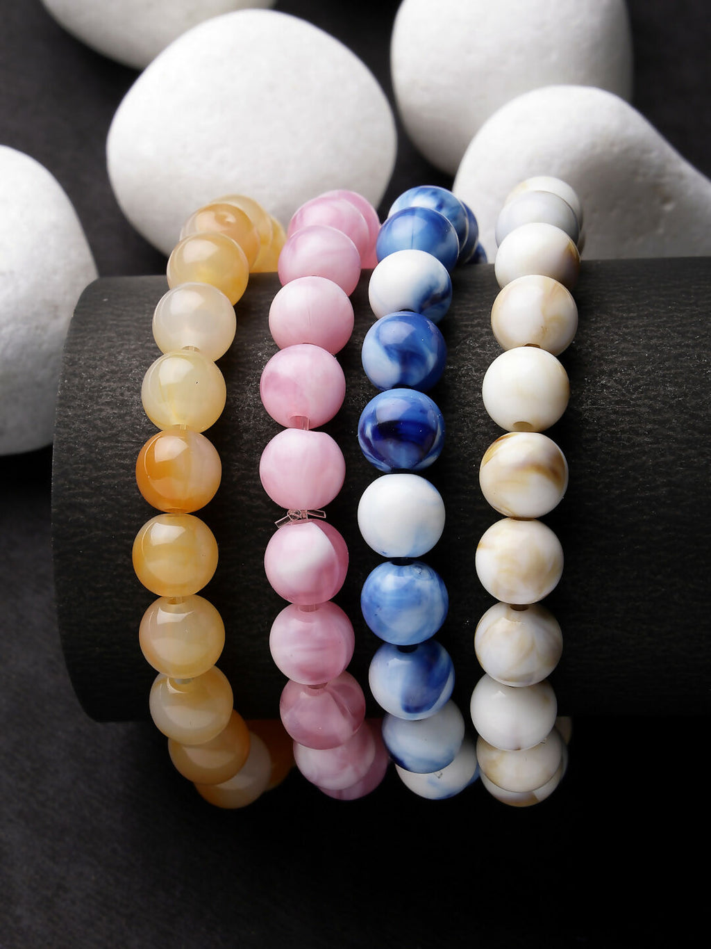 NVR Men & Women Set of 4 Artificial Beads-Beaded Evil Eye Elasticated Bracelet | Grocsy