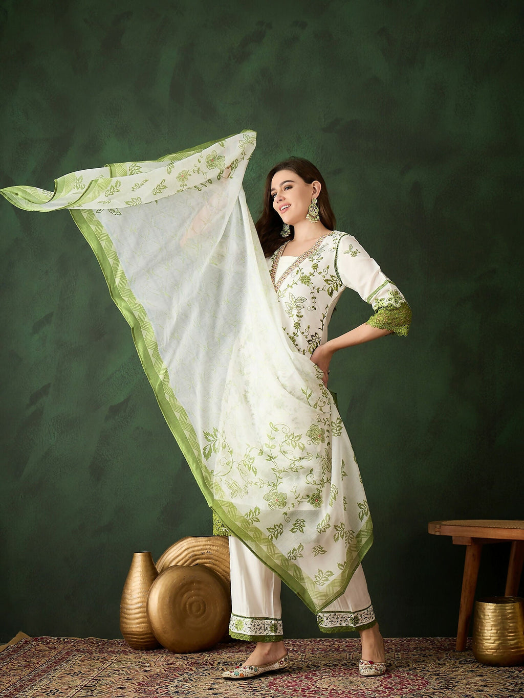 Green & White Roman Silk Embroidered Kurta With Trouser & Dupatta - Bhumi | Grocsy