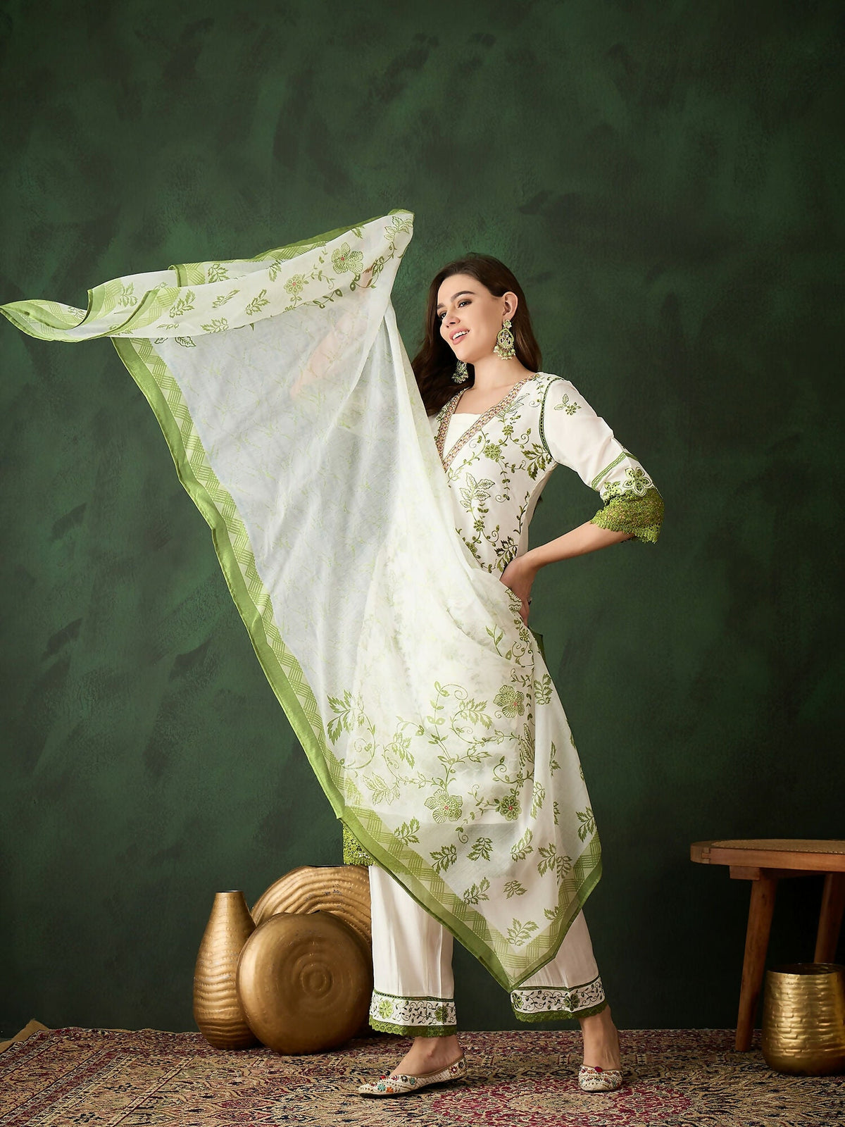 Green & White Roman Silk Embroidered Kurta With Trouser & Dupatta - Bhumi | Grocsy