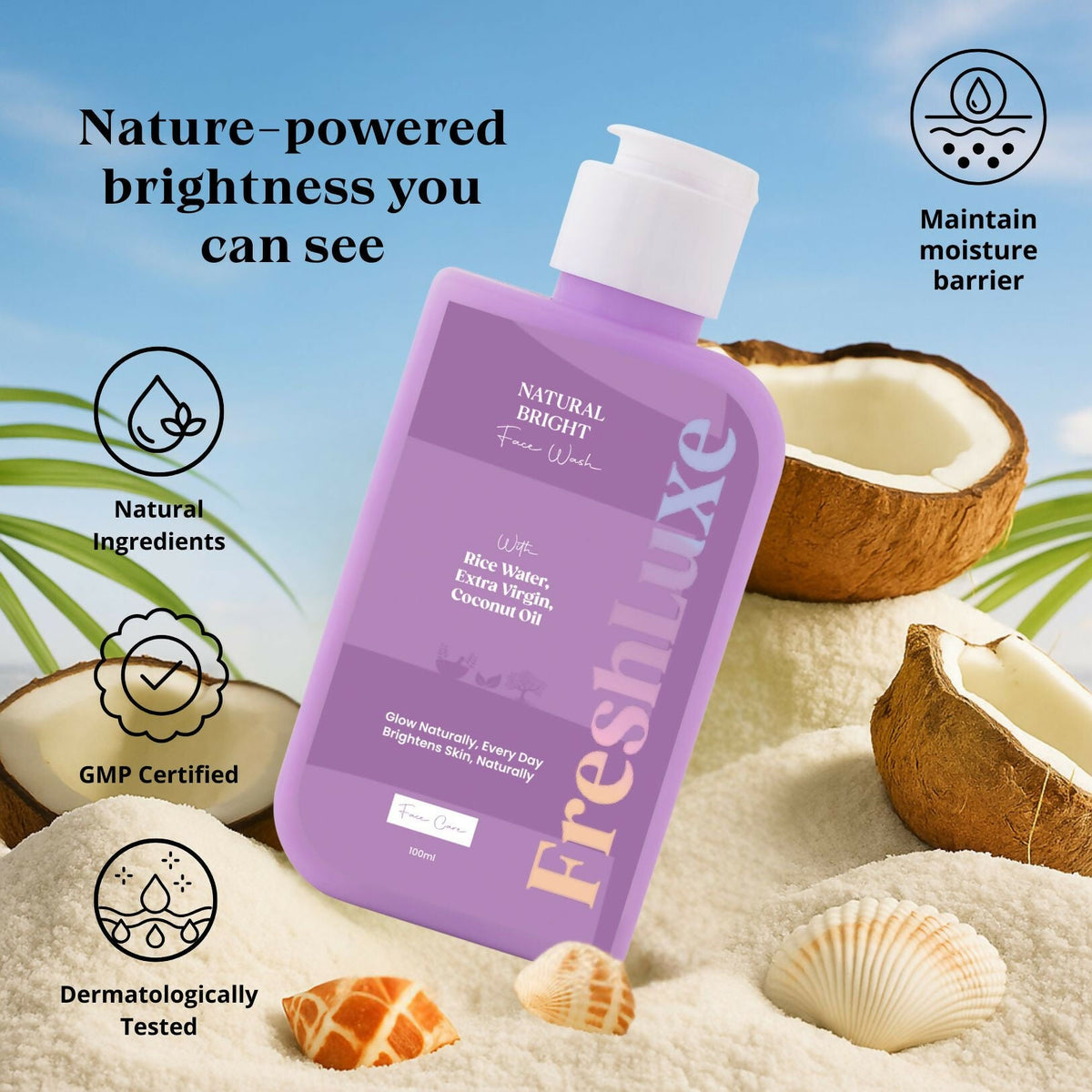 FreshLuxe Natural Bright Face Wash For Cleansing & Brightening Glass Skin with Rice Water & Extra Virgin Coconut Oil | Grocsy