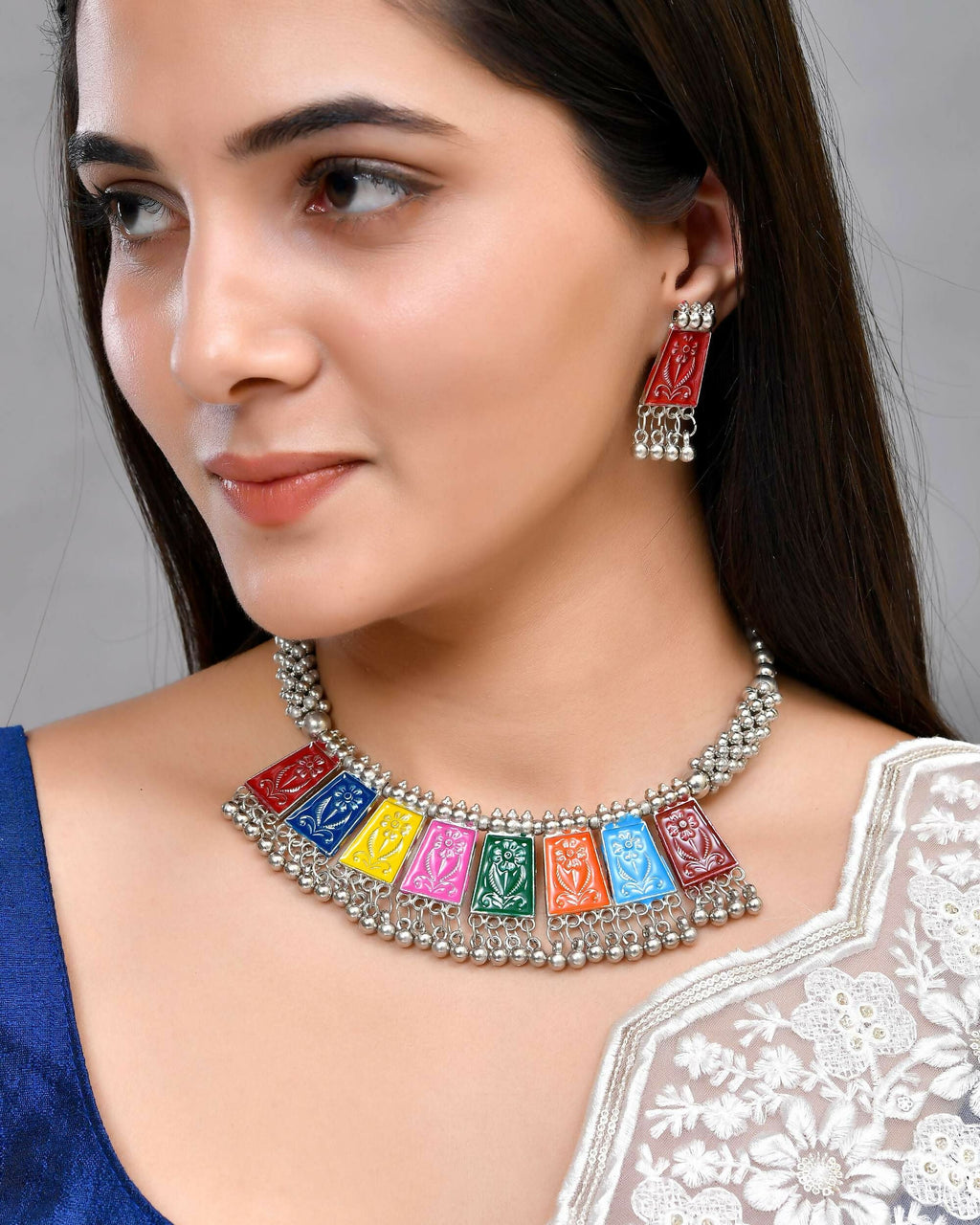VOJ Silver Plated Oxidized Multi Color Hasli with Earring Set | Grocsy