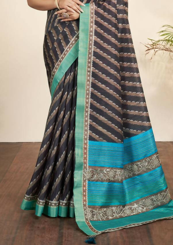 Navy Blue Bhagalpuri Silk Stripe printed with Stone Work & Hand Work Saree - Norita Nirvi | Grocsy