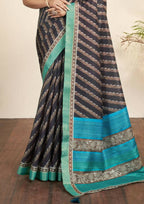Navy Blue Bhagalpuri Silk Stripe printed with Stone Work & Hand Work Saree - Norita Nirvi | Grocsy