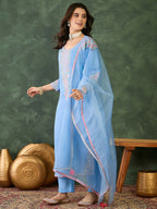The52 Women's Gorgeous Embroidery Work Viscose Silk Fabric Straight Kurta Pant and Dupatta Set-Sky | Grocsy