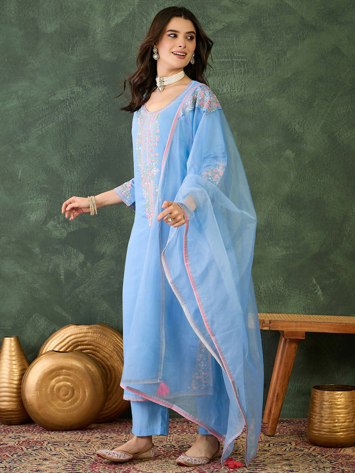 The52 Women's Gorgeous Embroidery Work Viscose Silk Fabric Straight Kurta Pant and Dupatta Set-Sky | Grocsy