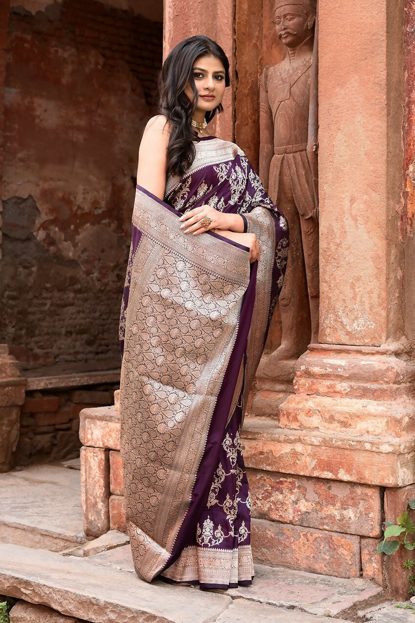 Joban Fashion Purple Pure Katan Pure Handloom Banarasi Silk Saree | Grocsy