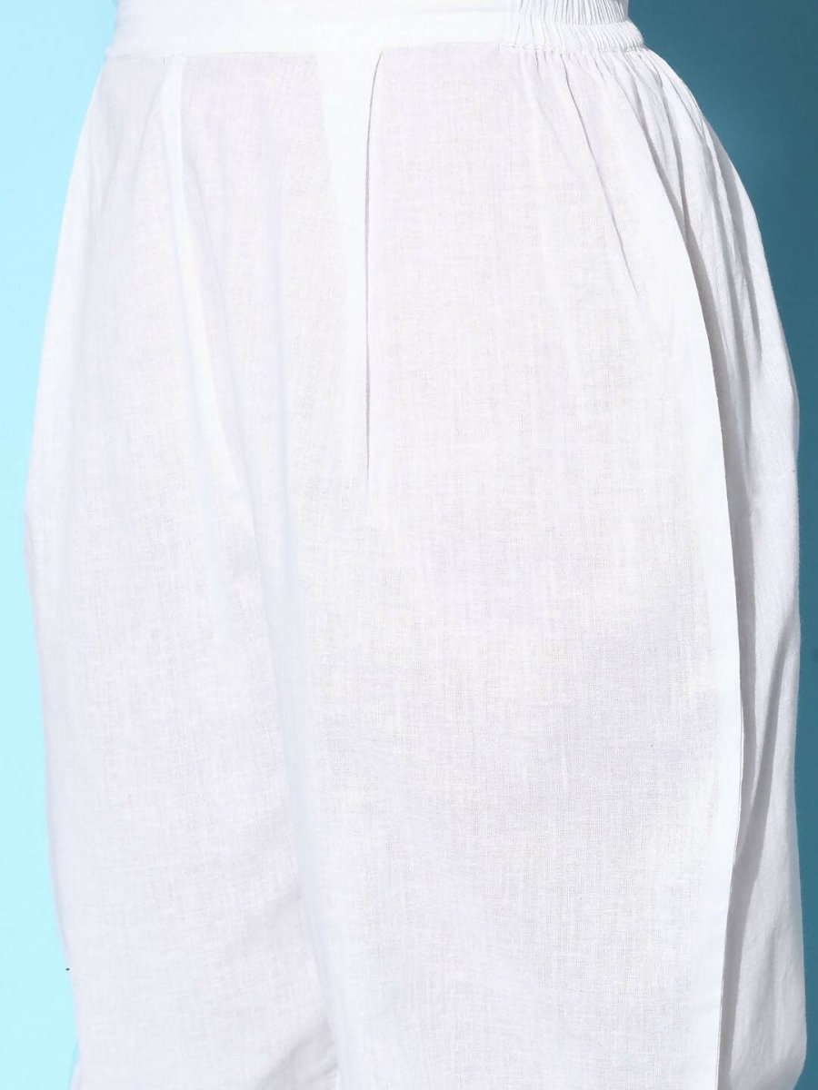 Ahalyaa Women's White Colour Pure Cotton Pigment Printed Kurta Pant Set With Dupatta | Grocsy