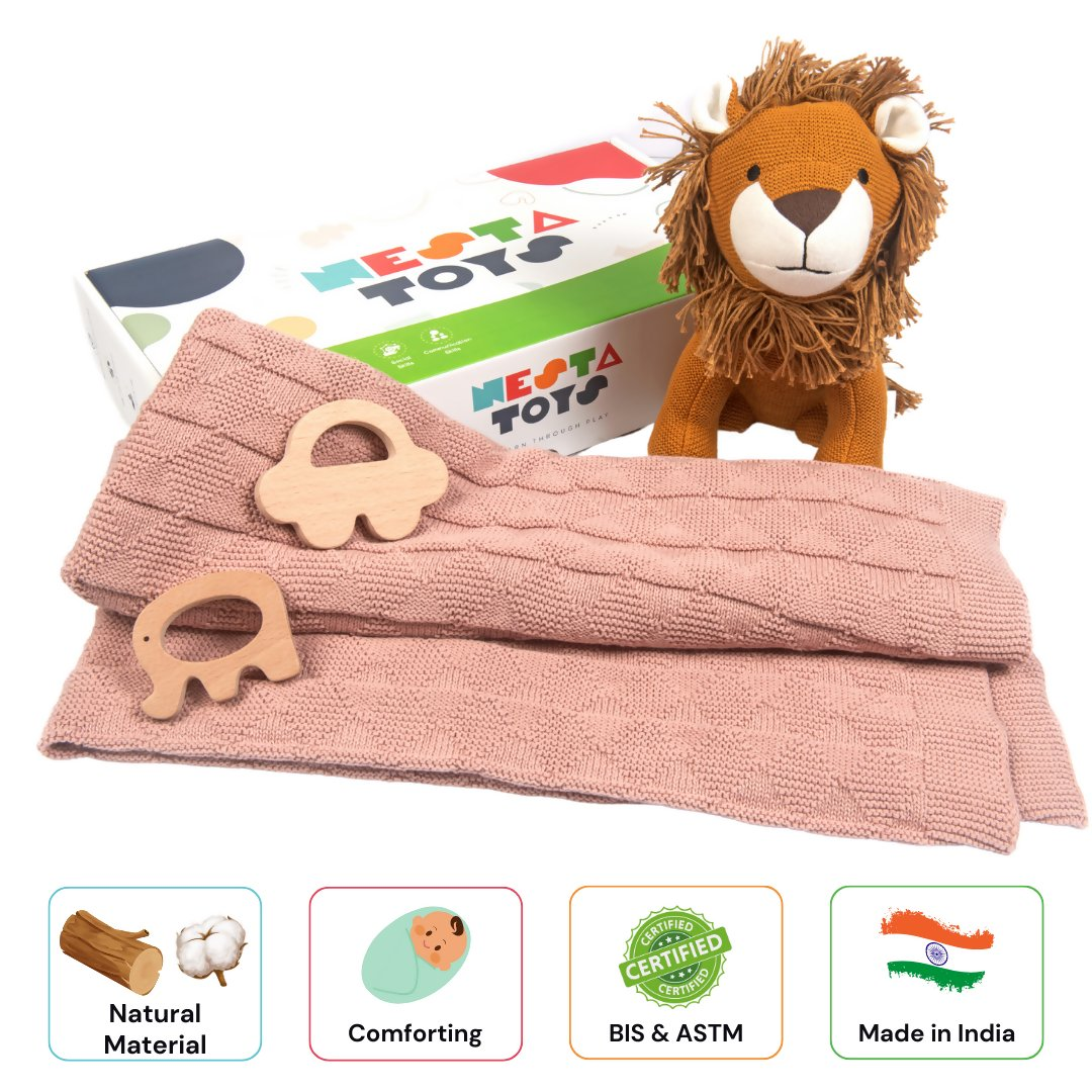 Nesta Toys Newborn Gift Set - Knitted Cotton Blanket, Lion Plush Toy, Elephant & Car Teether | Grocsy