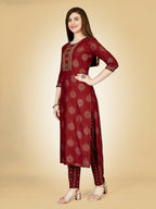 Jyoti Fashion Women's Maroon Viscose Rayon Embroidered Kurta Pant Set | Grocsy