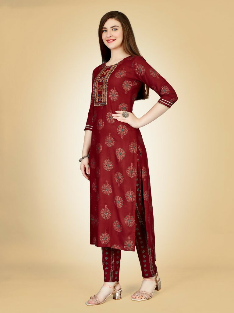 Jyoti Fashion Women's Maroon Viscose Rayon Embroidered Kurta Pant Set | Grocsy