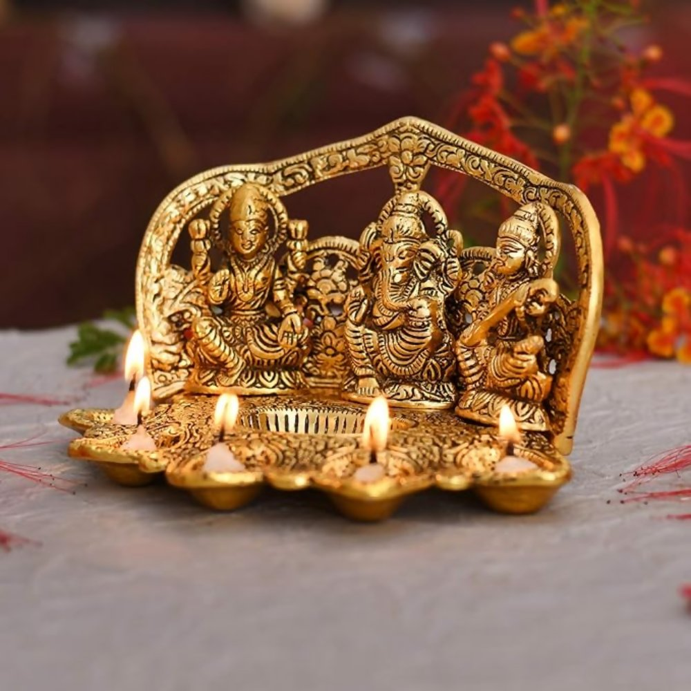 Collectible India Laxmi Ganesh Saraswati Idol Diya Oil Lamp Deepak | Grocsy