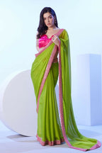 Green Moss Solid Designer & Lace Work Saree - Samaa | Grocsy
