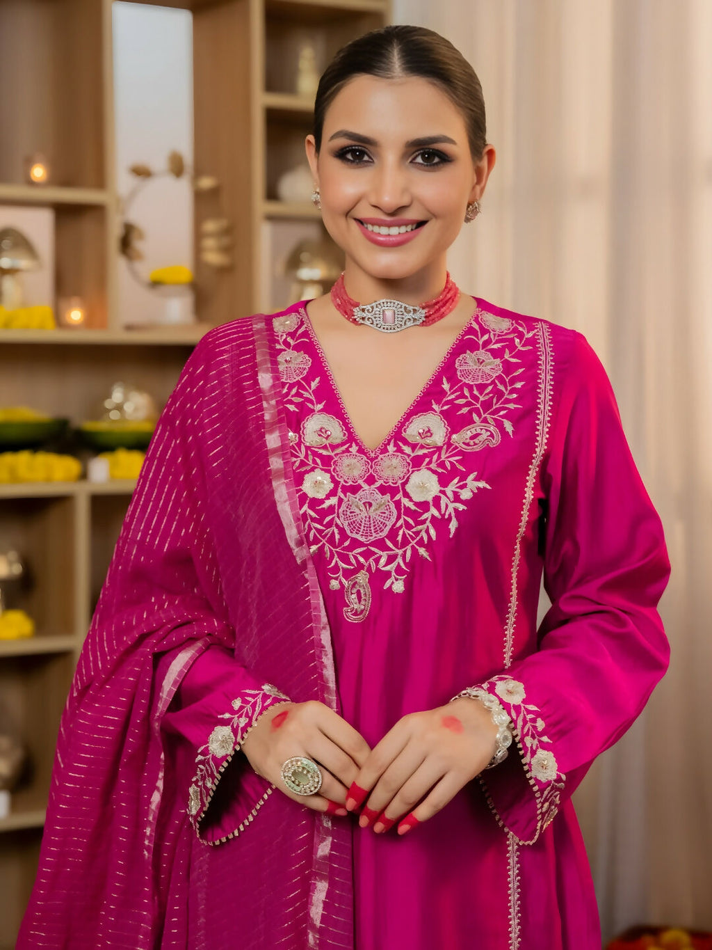 The52 Women's Beautiful Viscose Silk Fabric Embroidery Work A-Line Kurta Pant and Dupatta Set | Grocsy