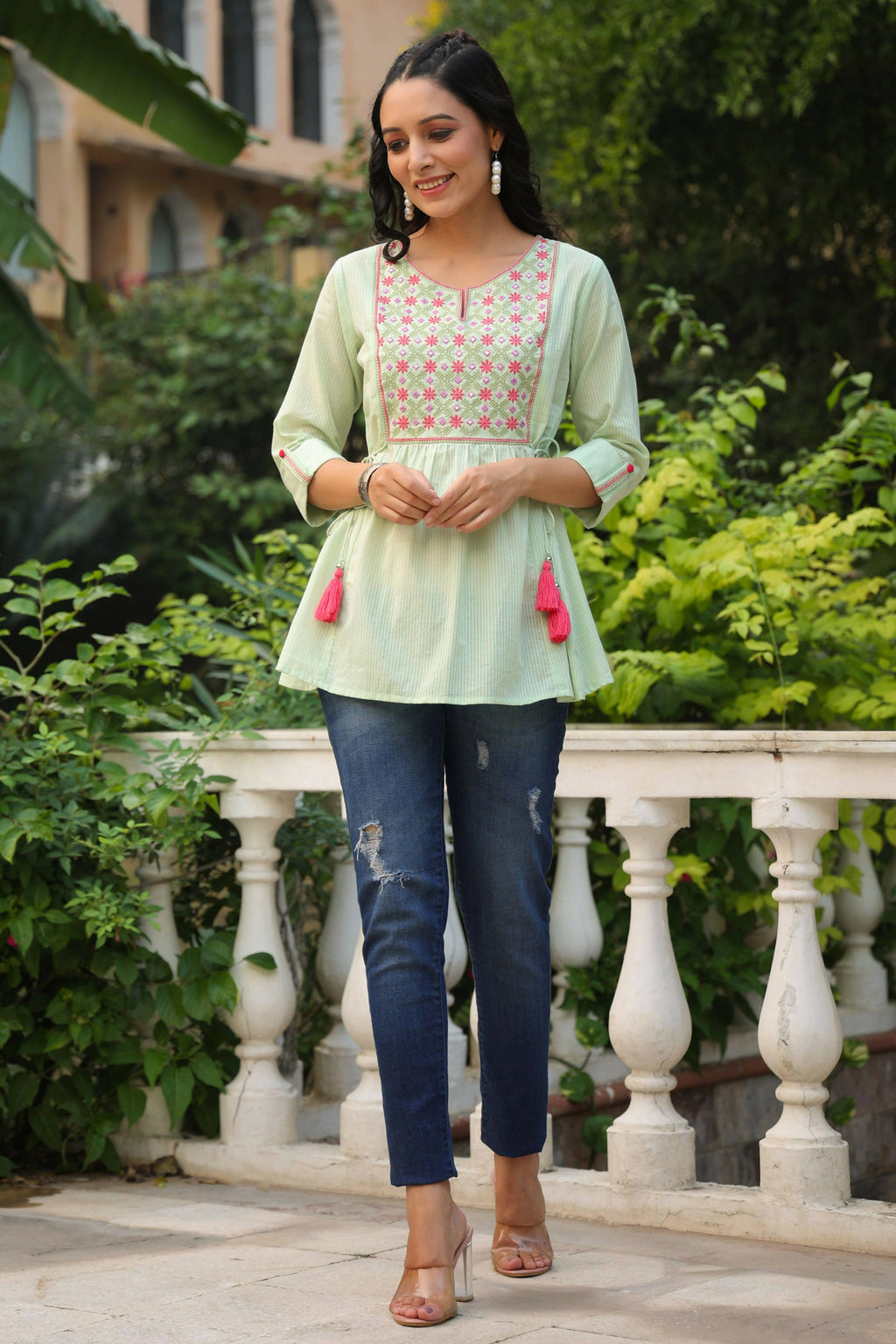 Juniper Women's Green Cotton Dobby Solid Embroidered Straight Tunic | Grocsy