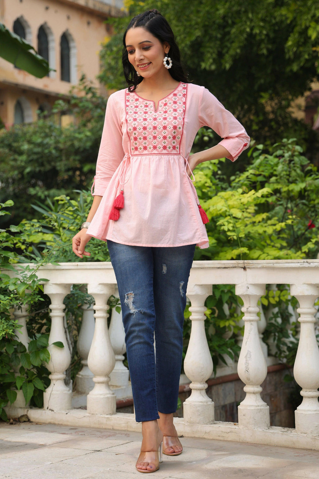 Juniper Women's Peach Cotton Dobby Solid Embroidered Straight Tunic | Grocsy