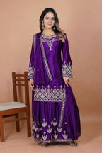 Teeya Creation Purple Chinon Embroidery Work Party Wear Palazzo Suit | Grocsy