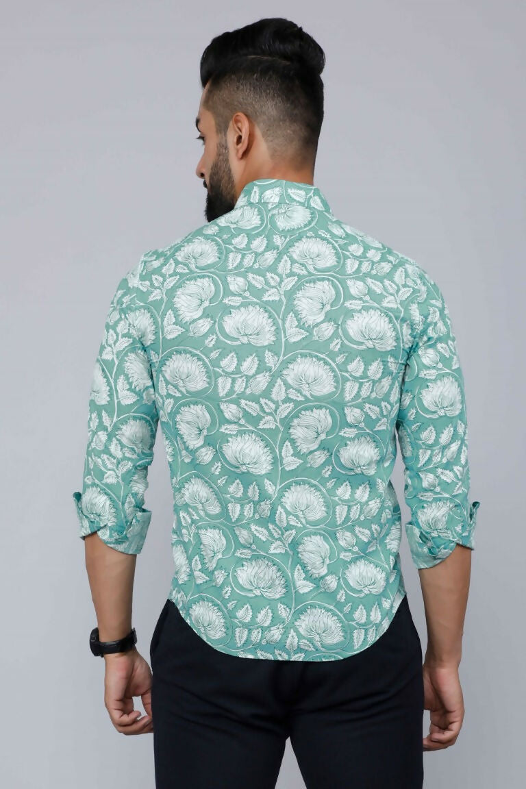 Miravan Men's Cotton Green Floral Printed Slim Fit Shirt | Grocsy