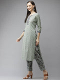Yufta Green and off-white yoke design Kurta with Palazzo with Dupatta Set | Grocsy