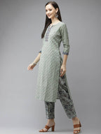 Yufta Green and off-white yoke design Kurta with Palazzo with Dupatta Set | Grocsy
