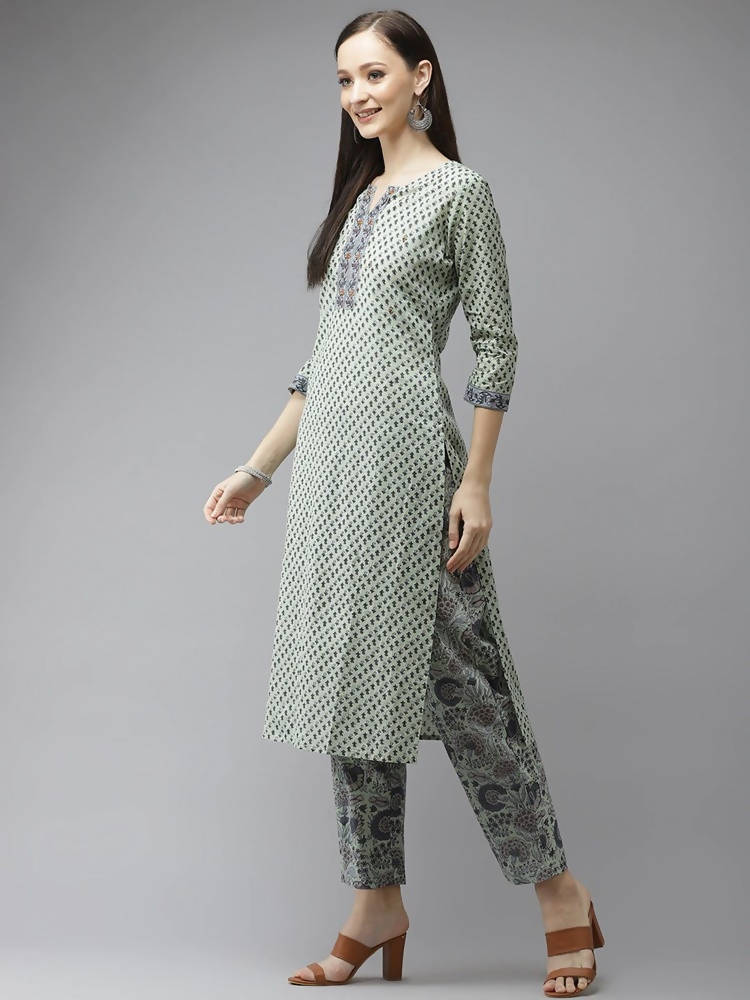 Yufta Green and off-white yoke design Kurta with Palazzo with Dupatta Set | Grocsy