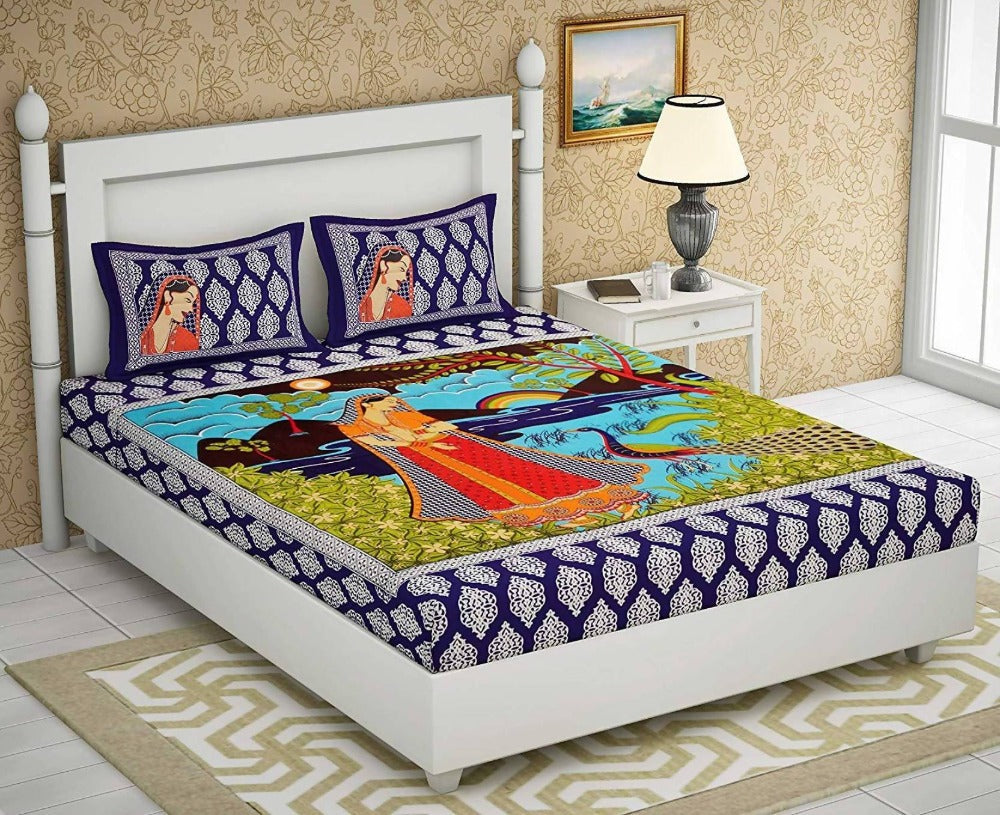 Vamika Printed Beautiful Cotton Blue Bedsheet With Pillow Covers (LEOC_LDM_B) | Grocsy