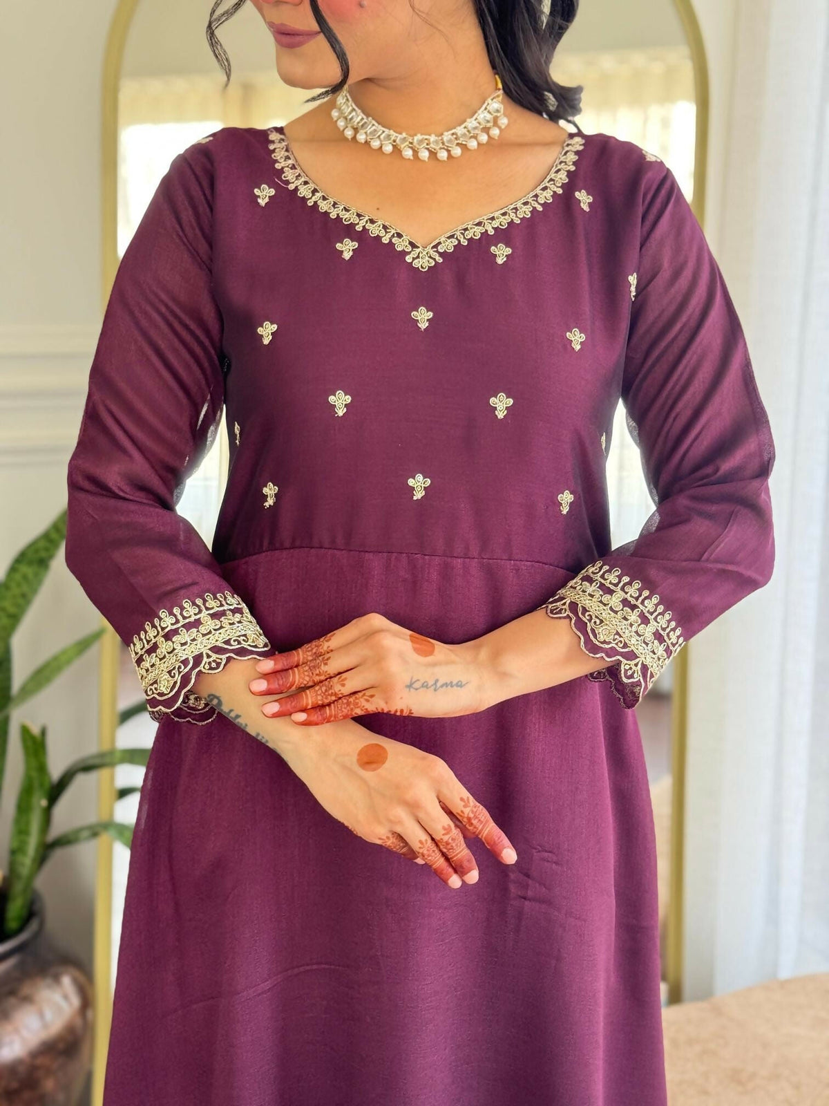 The52 Wine Women's Gorgeous Vichitra Silk Fabric Embroidered Work Flared Anarkali Pant and Dupatta Set | Grocsy
