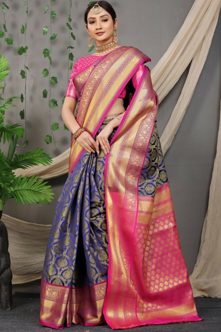 Jyoti Fashion Women's Navy Blue Kanjivaram Silk Zari Woven Saree with Blouse | Grocsy